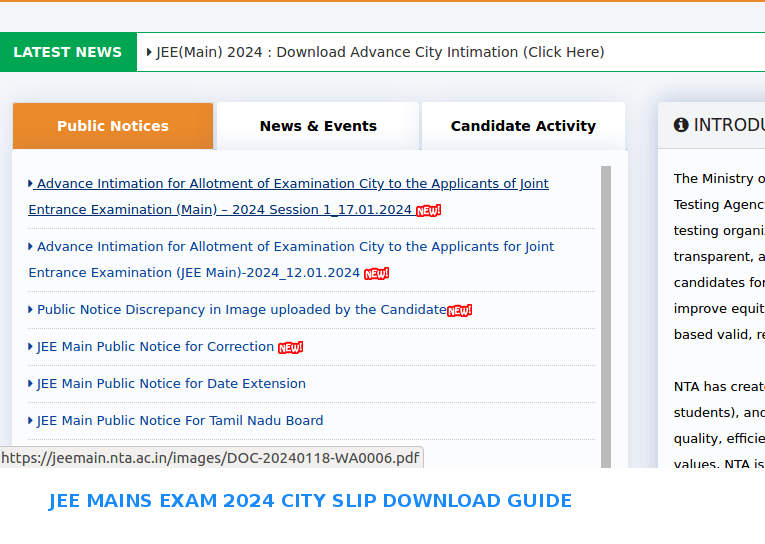 NTA jee maisn 2024 exam intimation city slip released